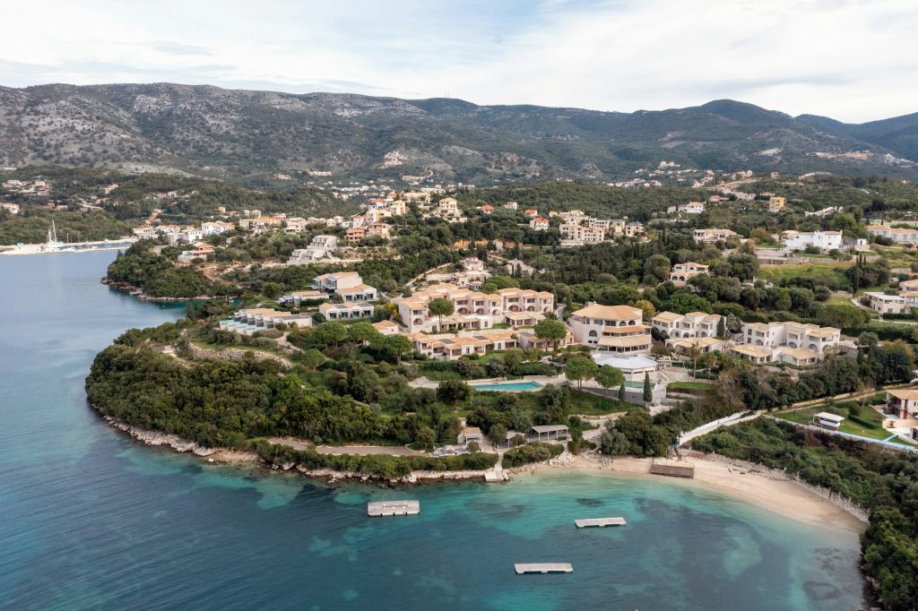 Syvota Greece. Aerial view of Sivota sandy beach and tourist resort, Epirus Ionian coast.